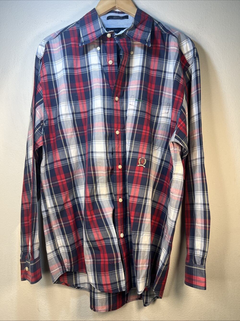 Tommy Hilfiger Shirt Mens Large Red Blue Pocket Button Up Crest Vintage